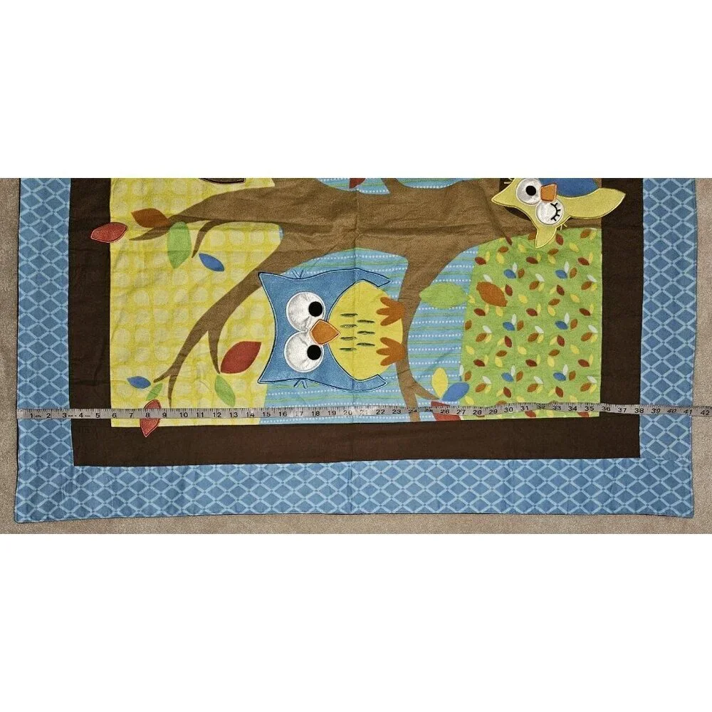 Handmade Baby Blanket Comforter Wall Decor 35x41 Owls In Tree Leaves Blue Brown